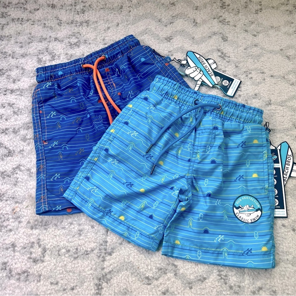NWT Two Pairs Beach Bros Swim Trunks Light Blue/Dark Blue UPF Boys Swimsuit